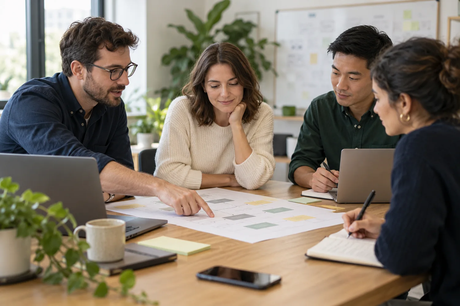 Illustration of teammates reviewing notes around a table
